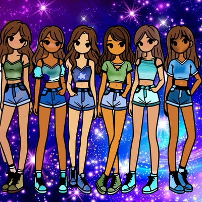 a group of girls wearing crop tops and shorts