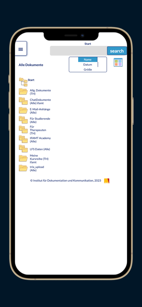Écran de l'application IFAMT academy affichant un répertoire de dossiers de documents éducatifs pour les thérapeutes et les étudiants.