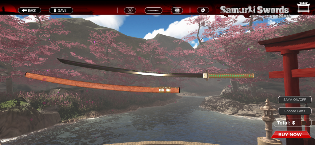A 3D katana customization screen featuring a sword and scabbard in a Japanese cherry blossom landscape