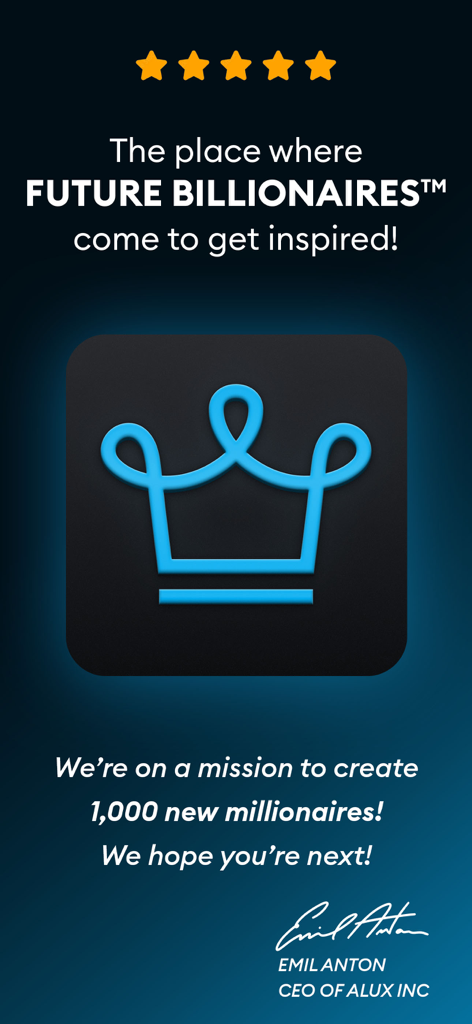Pantalla promocional de la aplicación Alux con un icono de corona azul neón y un lema para crear mil nuevos millonarios.