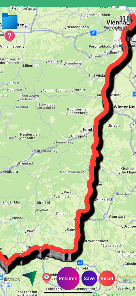 Interface of the GPX Viewer app displaying a red tracked route on a map with control buttons