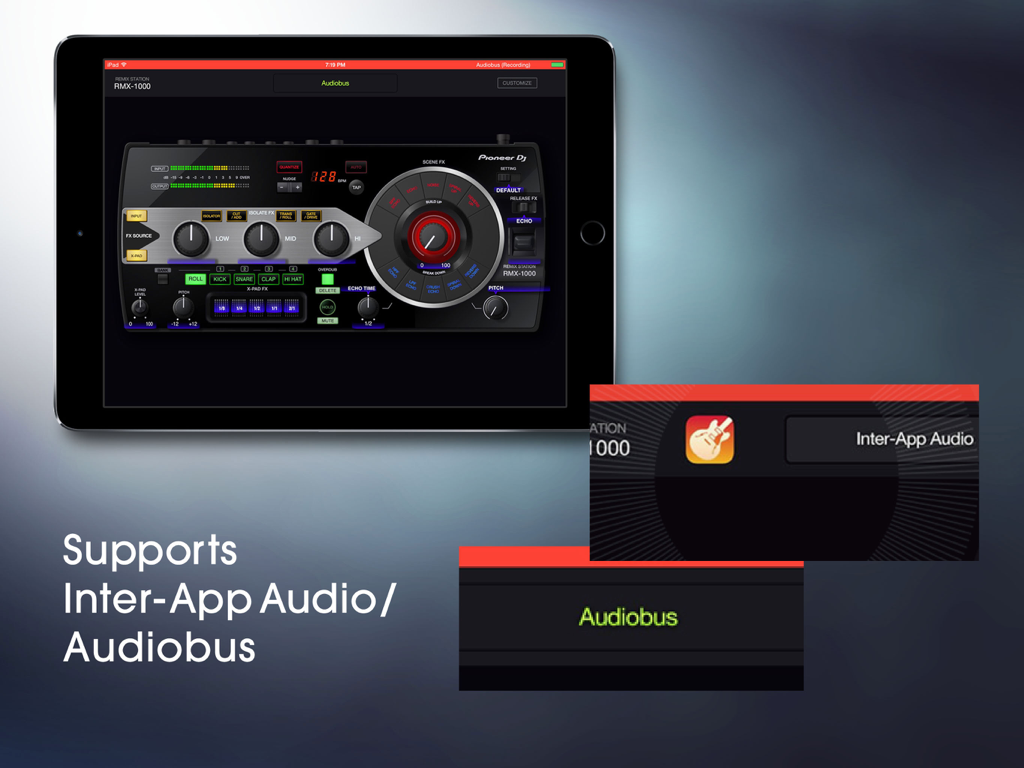 RMX-1000 for iPad interface showing Audiobus and Inter-App Audio compatibility