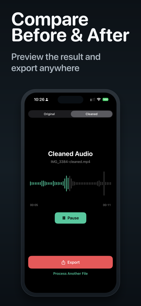 Noise Reducer · Audio Tool - Noise Reducer app interface showing a cleaned audio waveform with before and after comparison and export options
