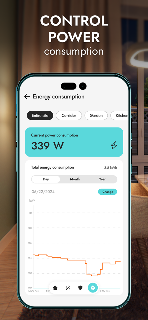 BE WAVE - BE WAVE app energy consumption dashboard showing real time power usage and a daily statistics chart
