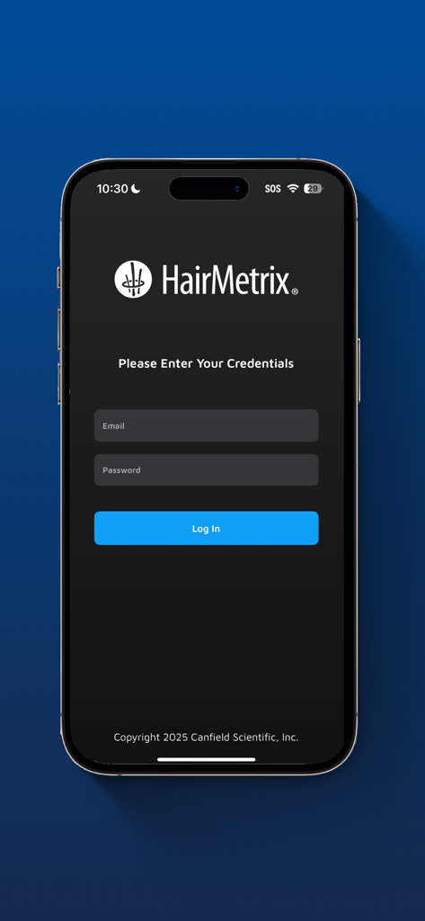 Login screen of the VEOS HairMetrix mobile application for professional hair analysis