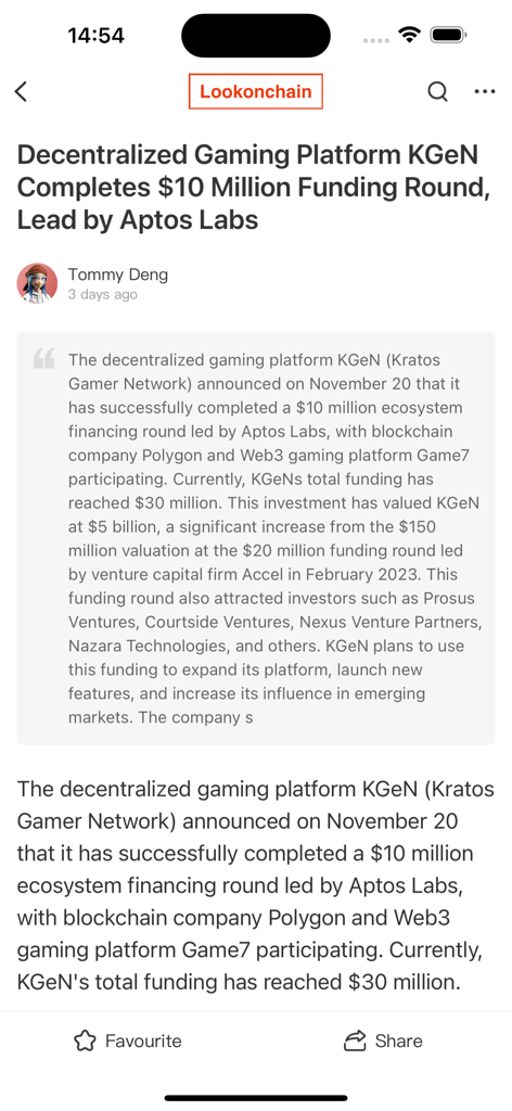 Ein Nachrichtenartikel in der Lookonchain App, der eine Finanzierungsrunde für KGeN unter der Leitung von Aptos Labs beschreibt