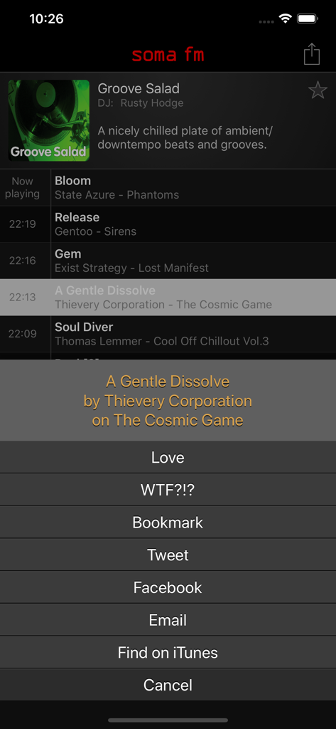 SomaFM app interface showing the Groove Salad station track history and a menu for sharing or bookmarking a song.