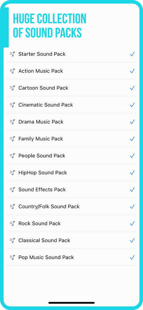 Add Music to Video :cut editor - Screen showing a variety of music and sound effect packs for video editing
