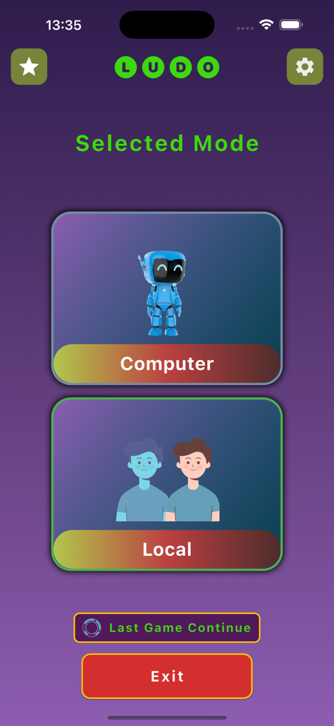 Ludo Offline Board Game - Pantalla de selección de modo de juego de Ludo con opciones de multijugador local y contra la computadora.