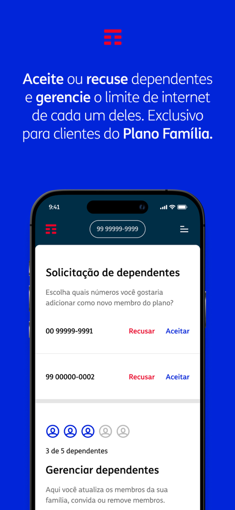 Pantalla de la app Meu TIM mostrando la gestión de solicitudes de dependientes para planes familiares