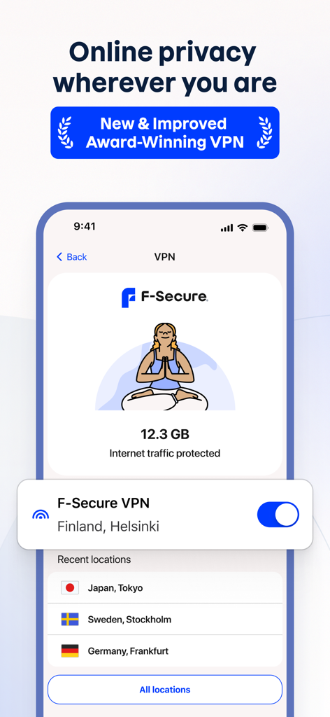 Interface do aplicativo F-Secure mostrando uma VPN ativa com tráfego de internet protegido e uma lista de locais de servidores internacionais.