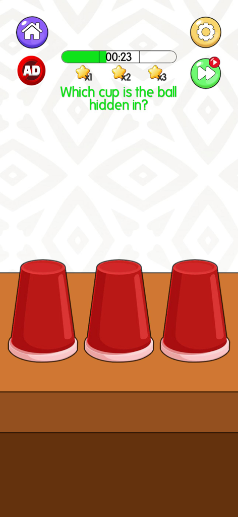 A mini game screen from the Fruit Merge app showing three red cups on a table with the question which cup is the ball hidden in