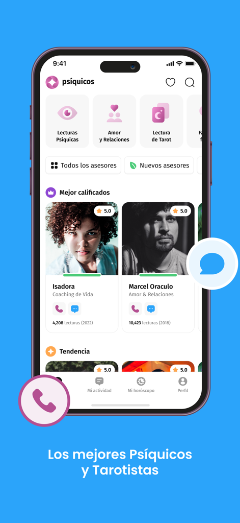 Pantalla principal de la aplicación Psíquicos mostrando los principales consejeros de tarot y psíquicos mejor valorados