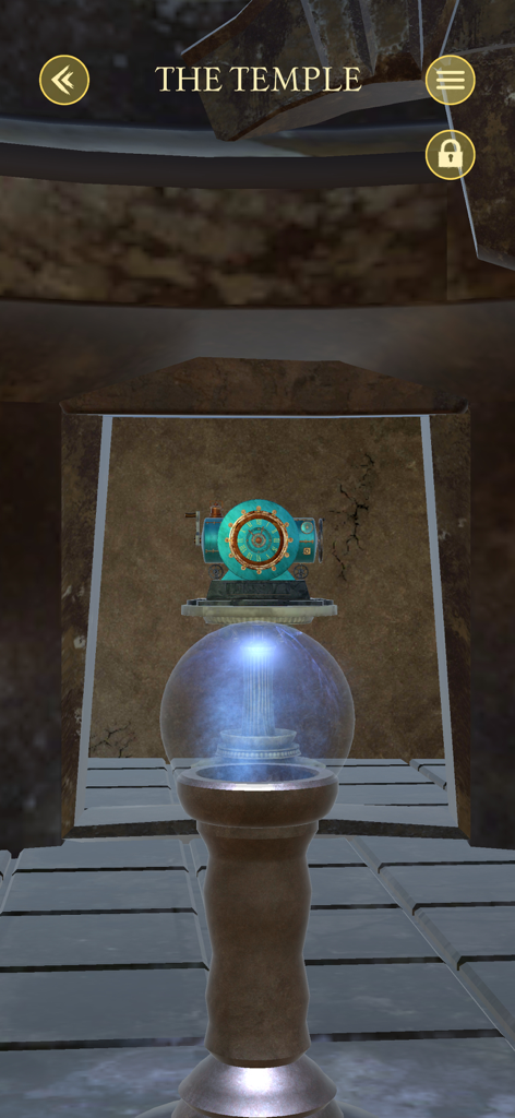 Odd Machines: Escape a Temple - 3D古代寺院の環境の中にある台座の上に置かれた、メカニカルデバイスと輝く青いオーブ