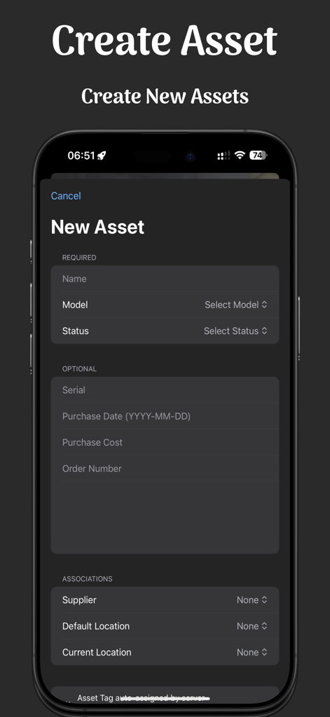 Snipe-Scan - Mobile interface of the Snipe-Scan app showing the form to create a new IT asset with fields for name, model, and status in dark mode.