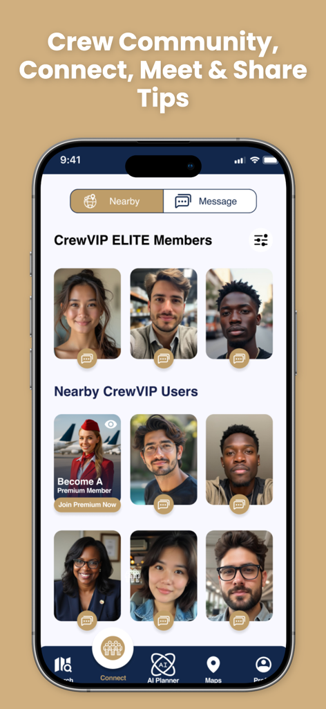 CrewVIP AI Airline Staff Perks - 近くの航空会社スタッフメンバーやエリートメンバーのプロフィール写真が表示された、ソーシャルネットワーキングのためのCrew Connect機能を示すモバイルアプリインターフェース。