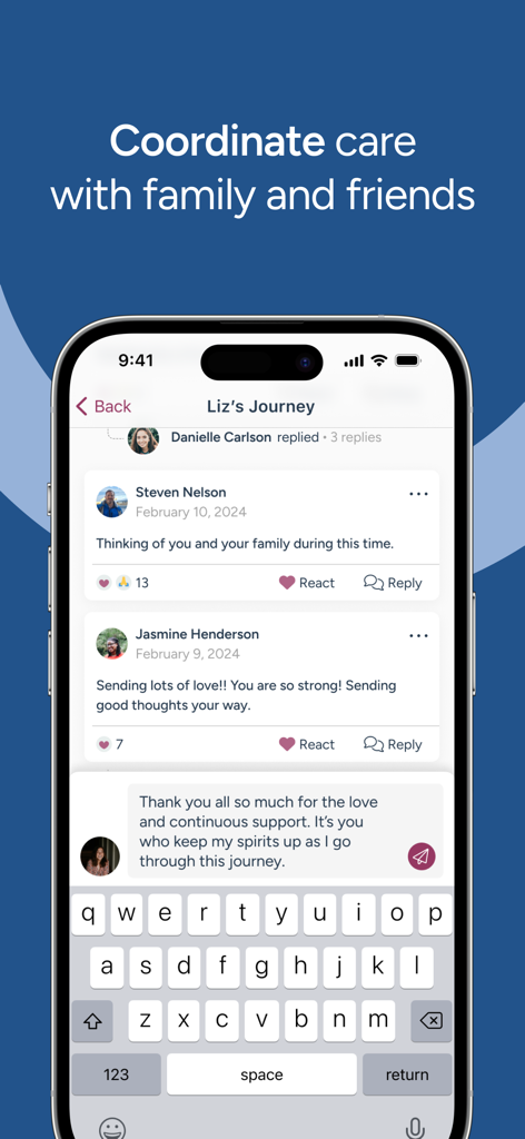 Interface do aplicativo CaringBridge mostrando mensagens de apoio de familiares e amigos em uma página de jornada de saúde.