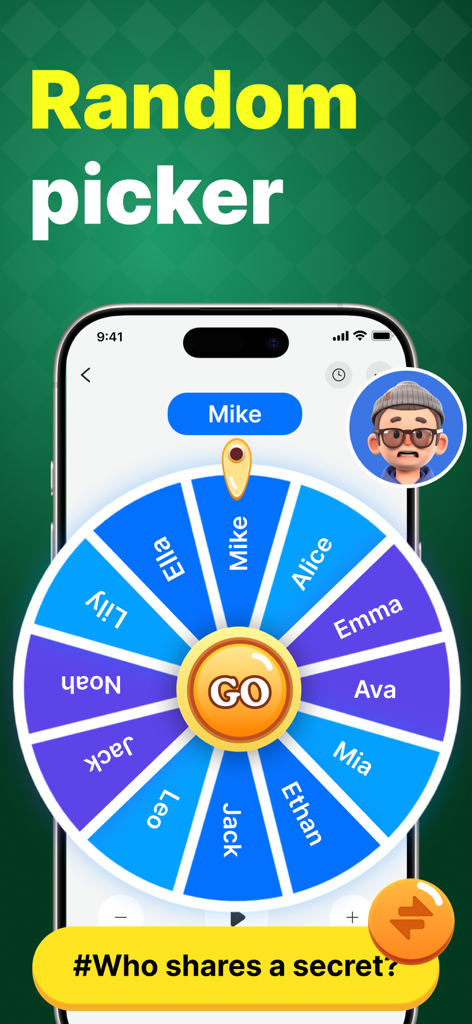 GK Decision Wheel - GK Decision Wheel app screen showing a random name picker for a party game.