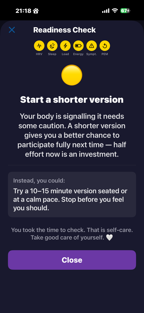 PaceME: Pacing & Energy - PaceME app readiness check screen advising a shorter activity version for energy conservation