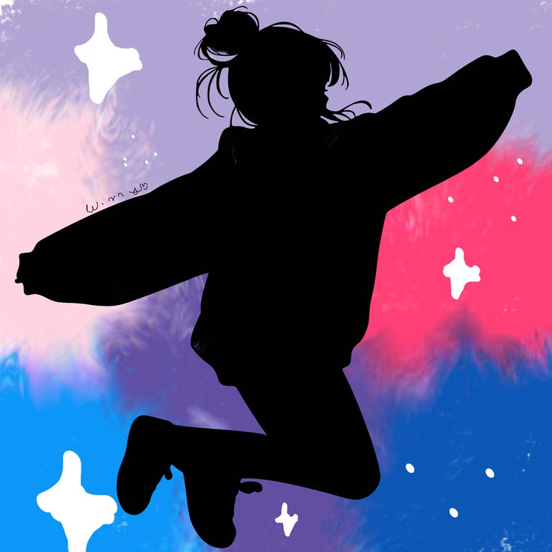 realistic girl jumping with a bun and oversized sweatshirt