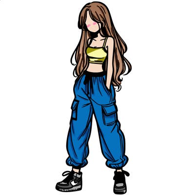 girl in baggy pants crop top and long hair