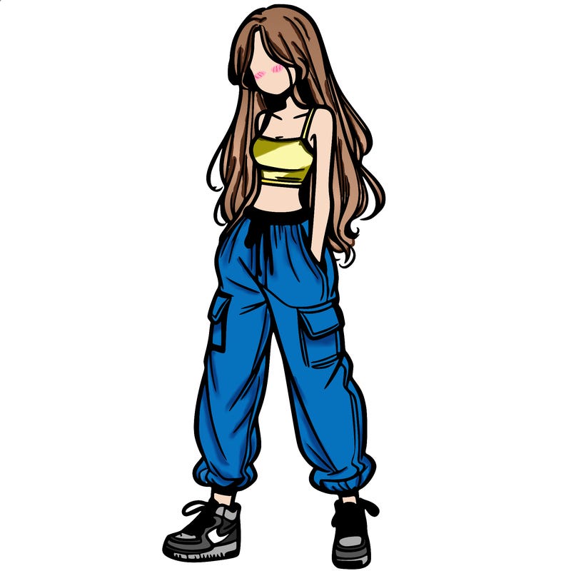 girl in baggy pants crop top and long hair