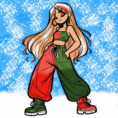 girl in baggy pants crop top and long hair