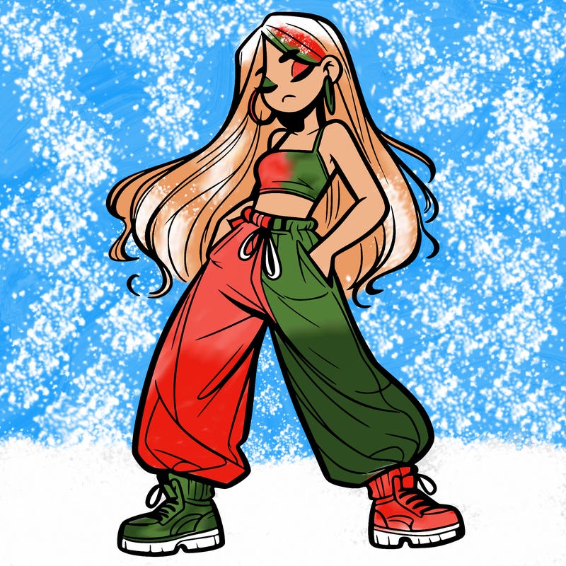 girl in baggy pants crop top and long hair