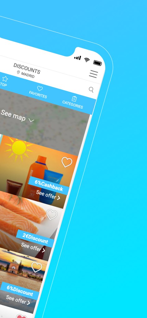 자외선 차단제 및 식품과 같은 제품의 캐시백 및 쇼핑 할인을 보여주는 IBenefits 앱 모바일 인터페이스