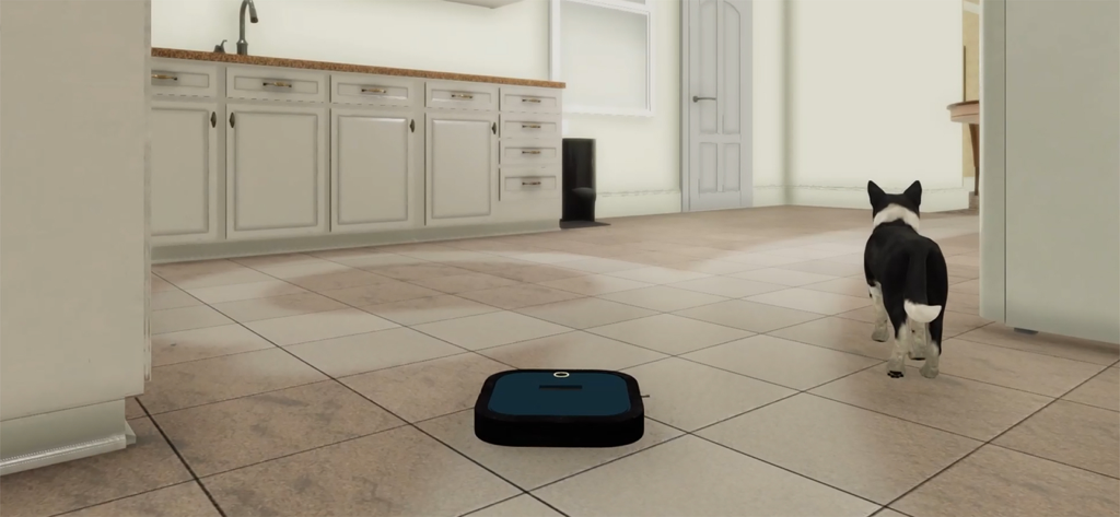 Robot Room Cleaner - A square robot vacuum cleaner navigating a tiled kitchen floor with a black and white cat in the background.