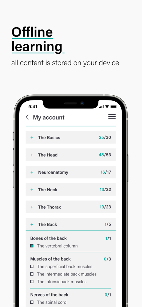 TeachMe Anatomy App-Bildschirm mit Offline-Lernfunktion und Fortschrittsverfolgung für anatomische Lernregionen