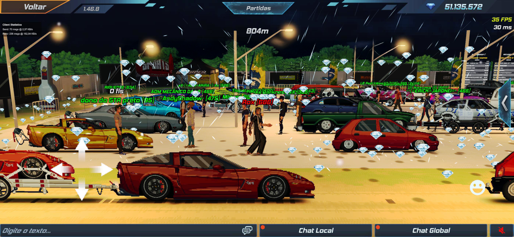 Estilo BR: Online Drag Racing - Reunión de autos multijugador en Estilo BR con vehículos personalizados de arte pixelado y jugadores reales por la noche.