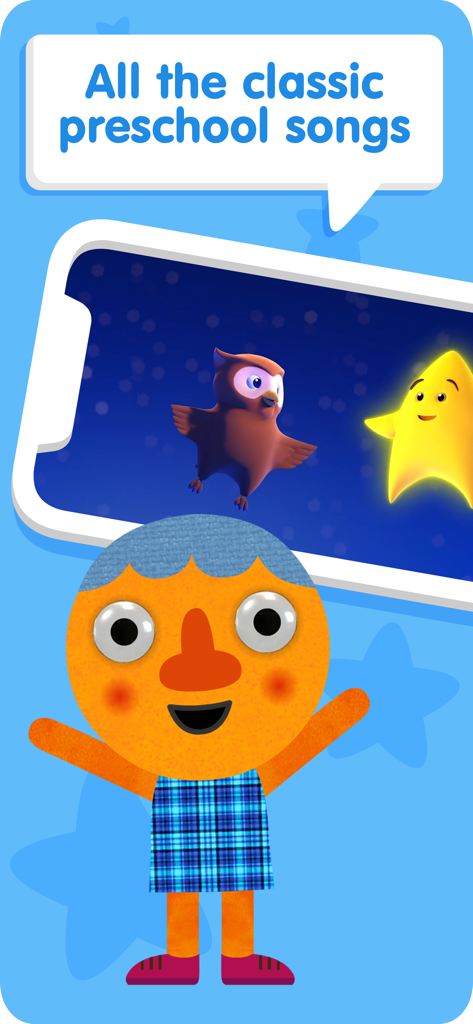 Super Simple - Kids Songs - Super Simpleアプリのインターフェース。アニメーションのフクロウ、星、人形のキャラクターが登場する未就学児向けの歌を表示。