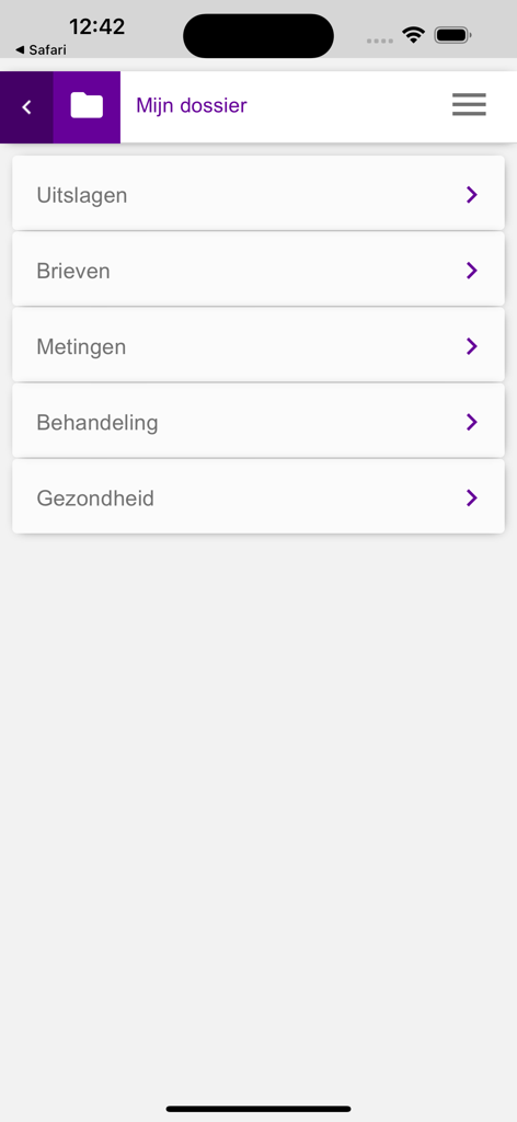 Mijn Ommelander app screen displaying the medical dossier menu with options for results letters and health records