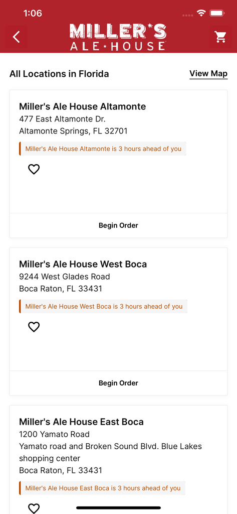 Aplicativo móvel Miller's Ale House mostrando uma lista de locais de restaurantes na Flórida com botões de início de pedido