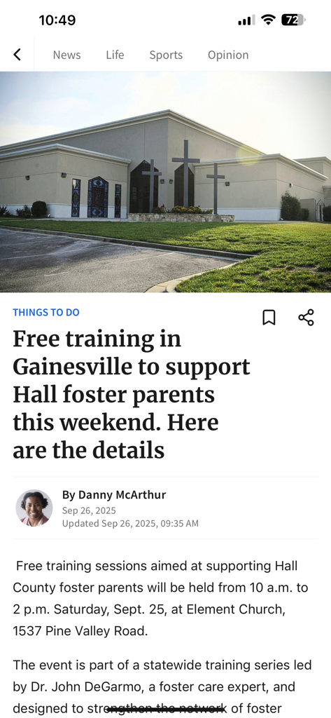 Gainesville Times - Screenshot of a local news article about foster parent training on the Gainesville Times mobile app