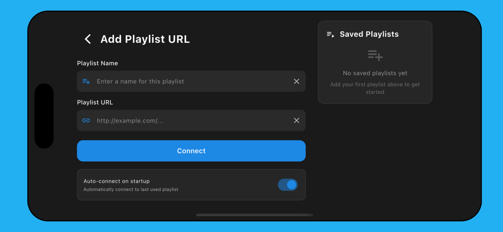 Sparkle Iptv : Player Tv - Interface for adding a new IPTV playlist URL in the Sparkle IPTV app including name and link fields