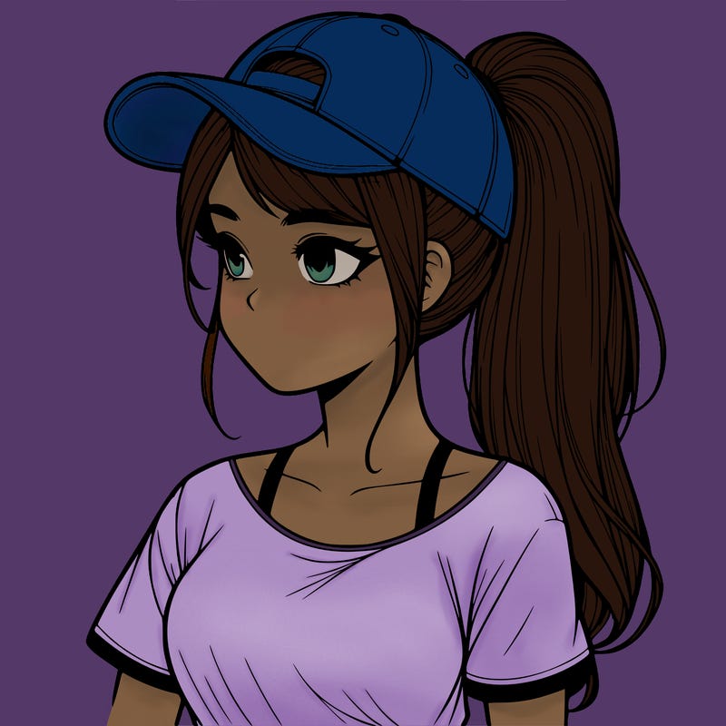 realistic looking girl with her hair in a really long ponytail and a base ball cap, t-shirt