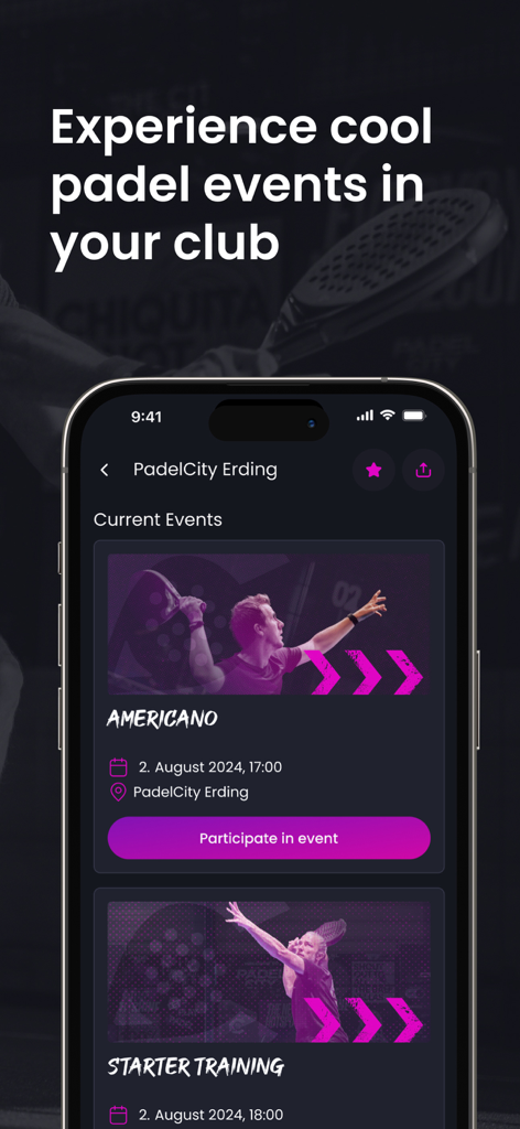 PadelCity – Book Padel Now - Schermata dell'app PadelCity che elenca eventi di padel locali e sessioni di allenamento disponibili per la prenotazione.