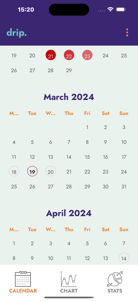 Calendar interface of the drip period and cycle tracker app showing tracked menstrual cycle dates for March and April 2024