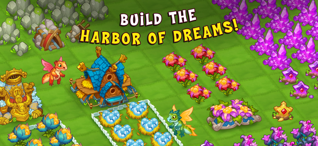 Gameplay showing dragons eggs and buildings in the Harbor of Dreams area of World Above