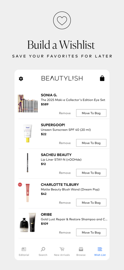Beautylish - Beautylish app interface showing a curated wishlist of luxury makeup and skincare products with move to bag options.