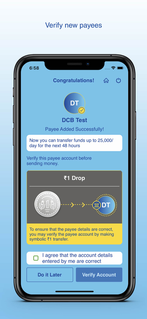 DCB Bank Mobile Banking - DCB Bank mobile app screen confirming a new payee has been added and offering a one rupee verification transfer.