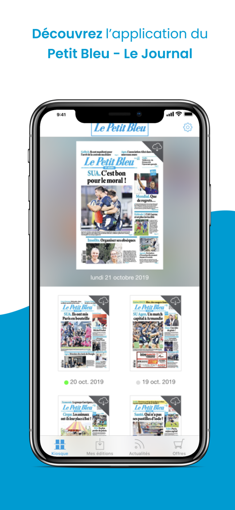 Journal Le Petit Bleu d'Agen - Kiosque du journal numérique Le Petit Bleu d'Agen sur iPhone montrant les éditions du jour