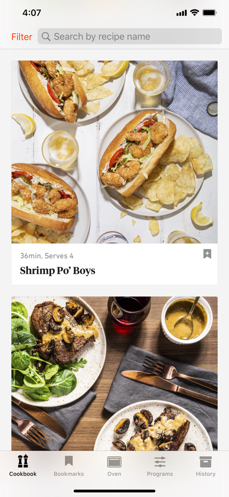 The June app cookbook interface displaying a Shrimp Po Boys recipe with high quality food photography