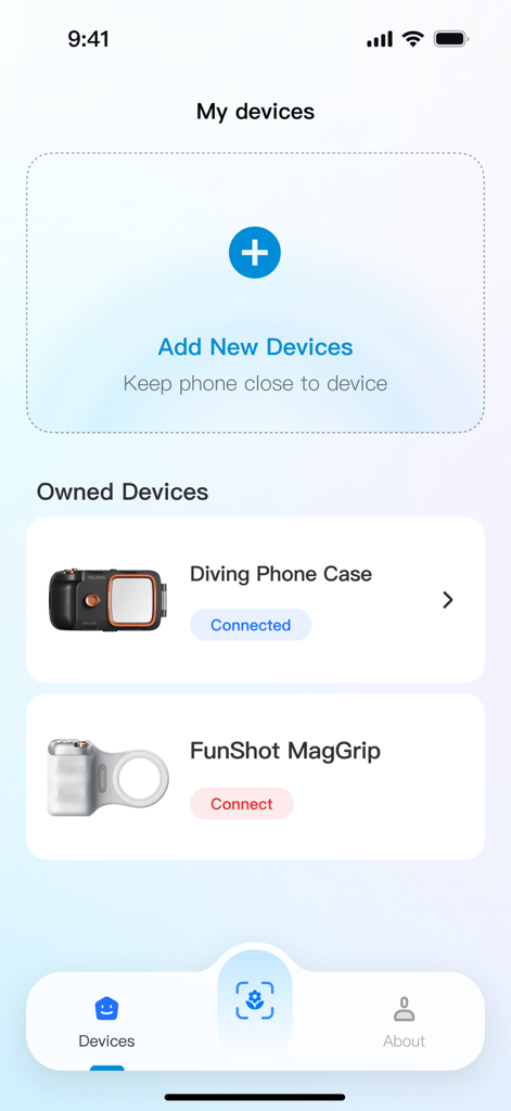 Telesin Fun Shot - A mobile app interface from Telesin Fun Shot showing a list of owned devices including a diving phone case and a MagGrip with options to connect and add new hardware
