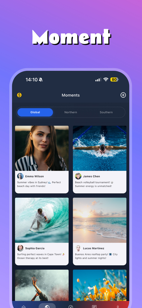 Tiok app interface showing the Moments screen with a global feed of travel and lifestyle photos from users