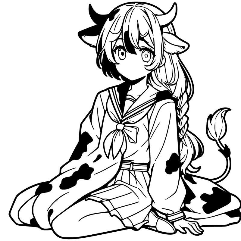 anime girl who is half cow and sitting down on the floor