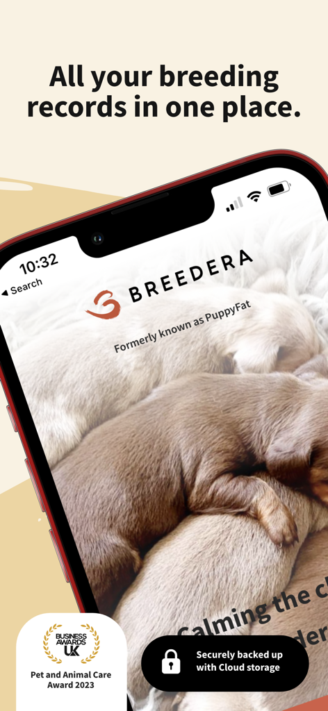 Breedera - Dog Breeder App - Breedera dog breeder app home screen showing puppies and award badge