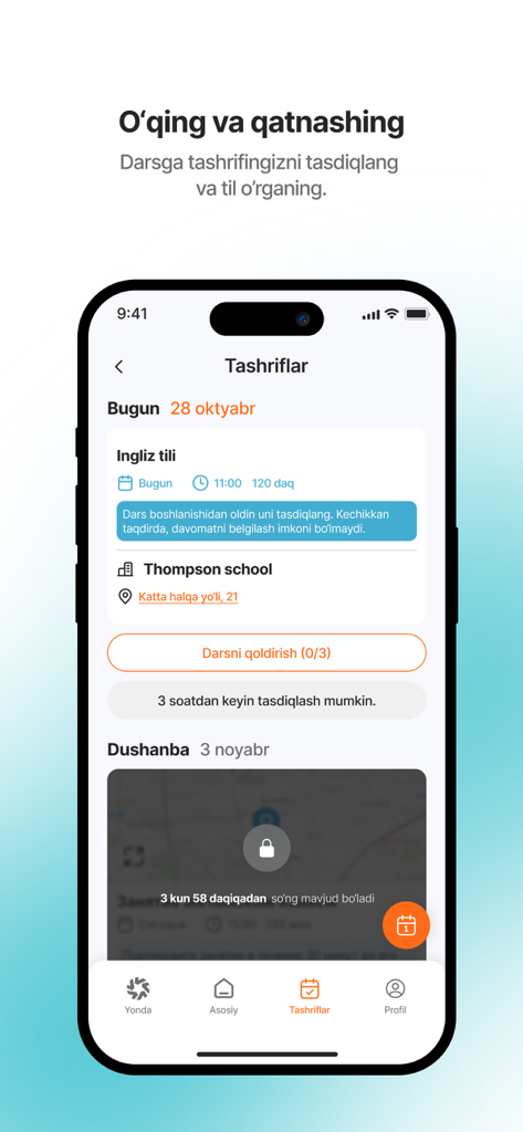yonda.uz - Yonda.uz app attendance screen showing an English language class schedule and confirmation feature